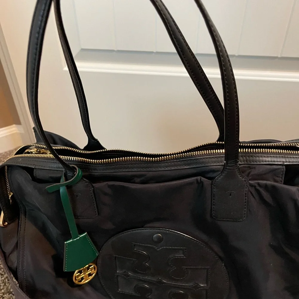 Tory Burch Black Nylon Tote with Green Leather Tag and Gold Logo Charm